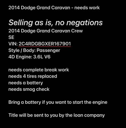 2014 Dodge Grand Caravan - Needs Work for $0 Build